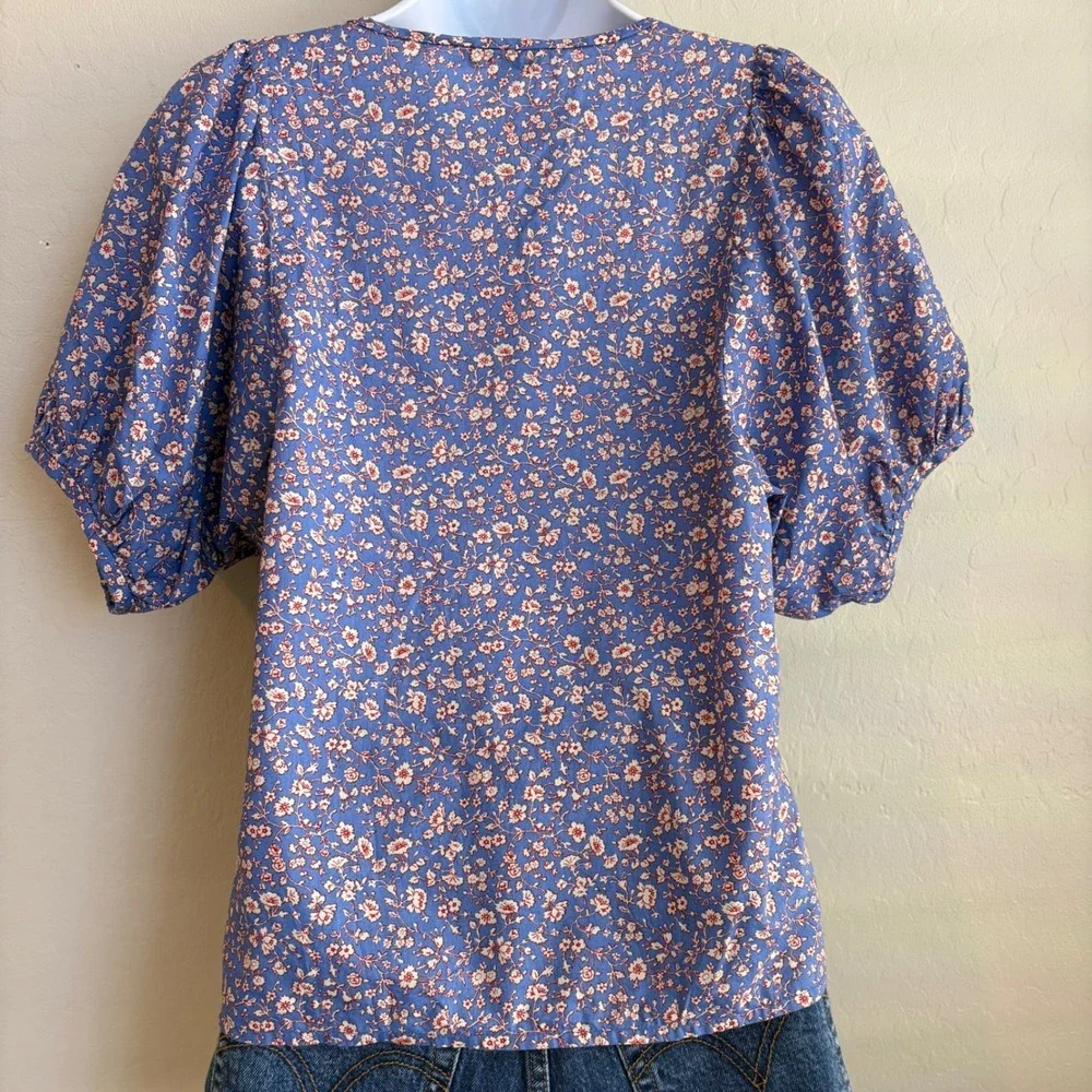 Madewell Blue Floral Puff‎ Sleeve V Neck Casual Blouse Top Women XS Boho Peasant